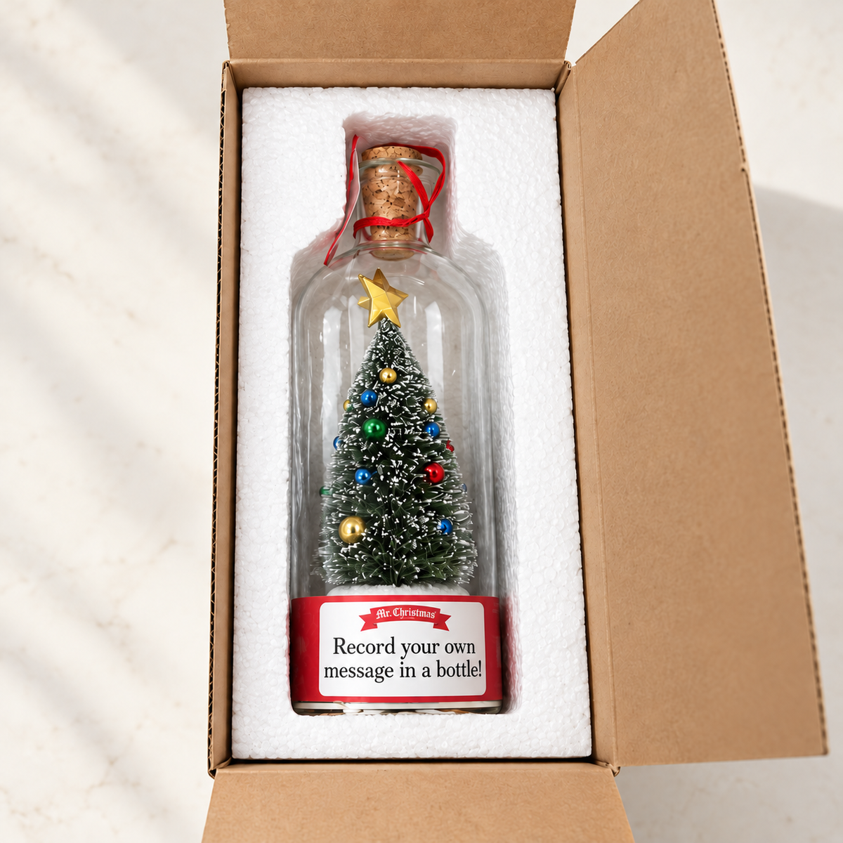 Christmas Message in a Bottle in its protective foam-lined shipping box