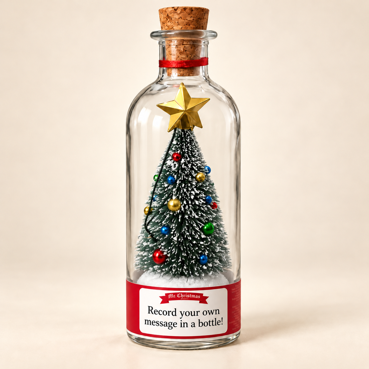 Christmas Message in a Bottle with snow-dusted tree and gold star on an ivory background