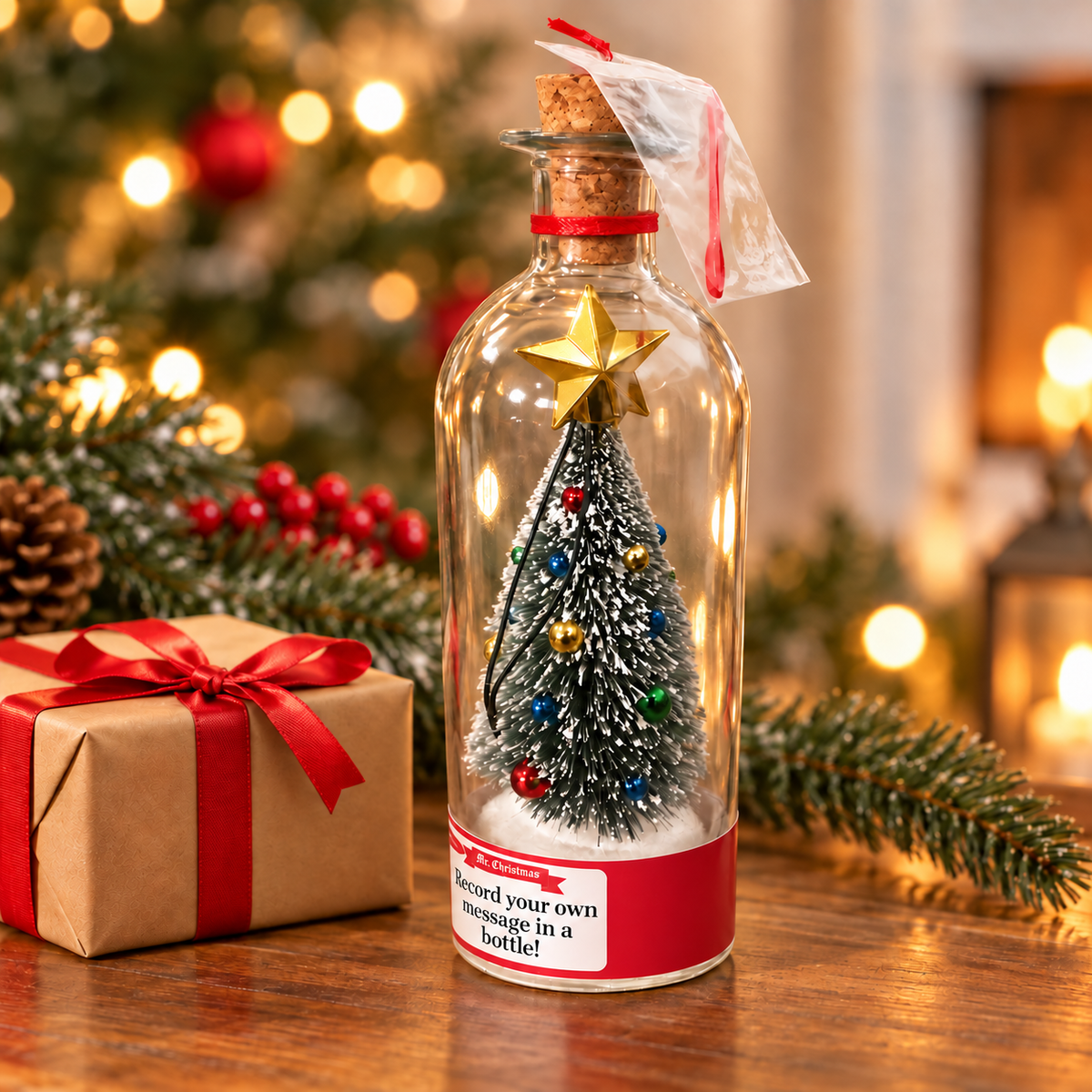 Christmas Message in a Bottle beside a wrapped gift